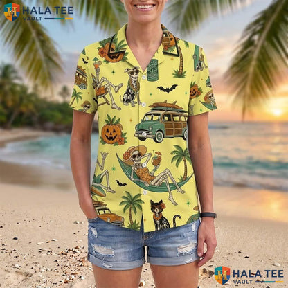 Yellow Summerween Halloween Hawaiian Shirt Tropical Skeleton Aloha Adult