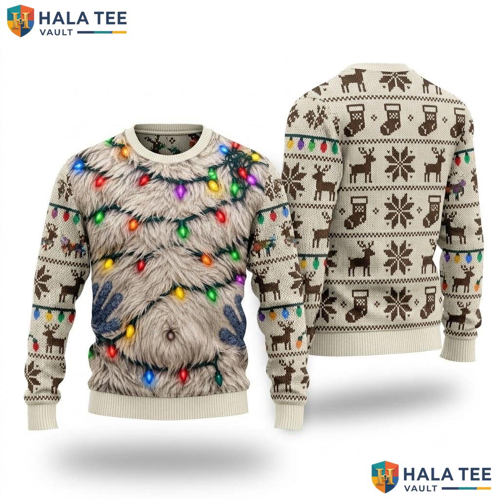 Yeti Belly Printed Lights Ugly Xmas Sweater Funny Christmas Mens Top