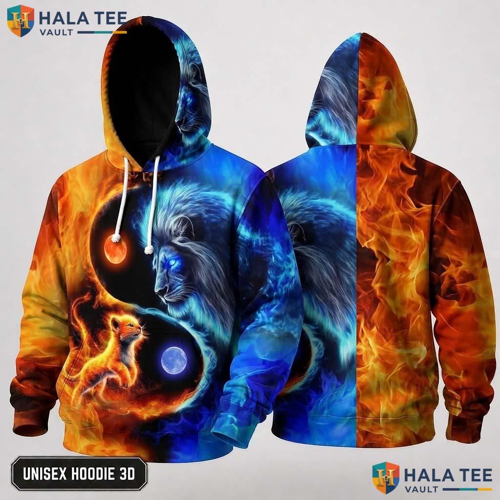 Ying Yang Flame Lion Hoodie Men Women 3D Graphic Skull Novelty Pullover