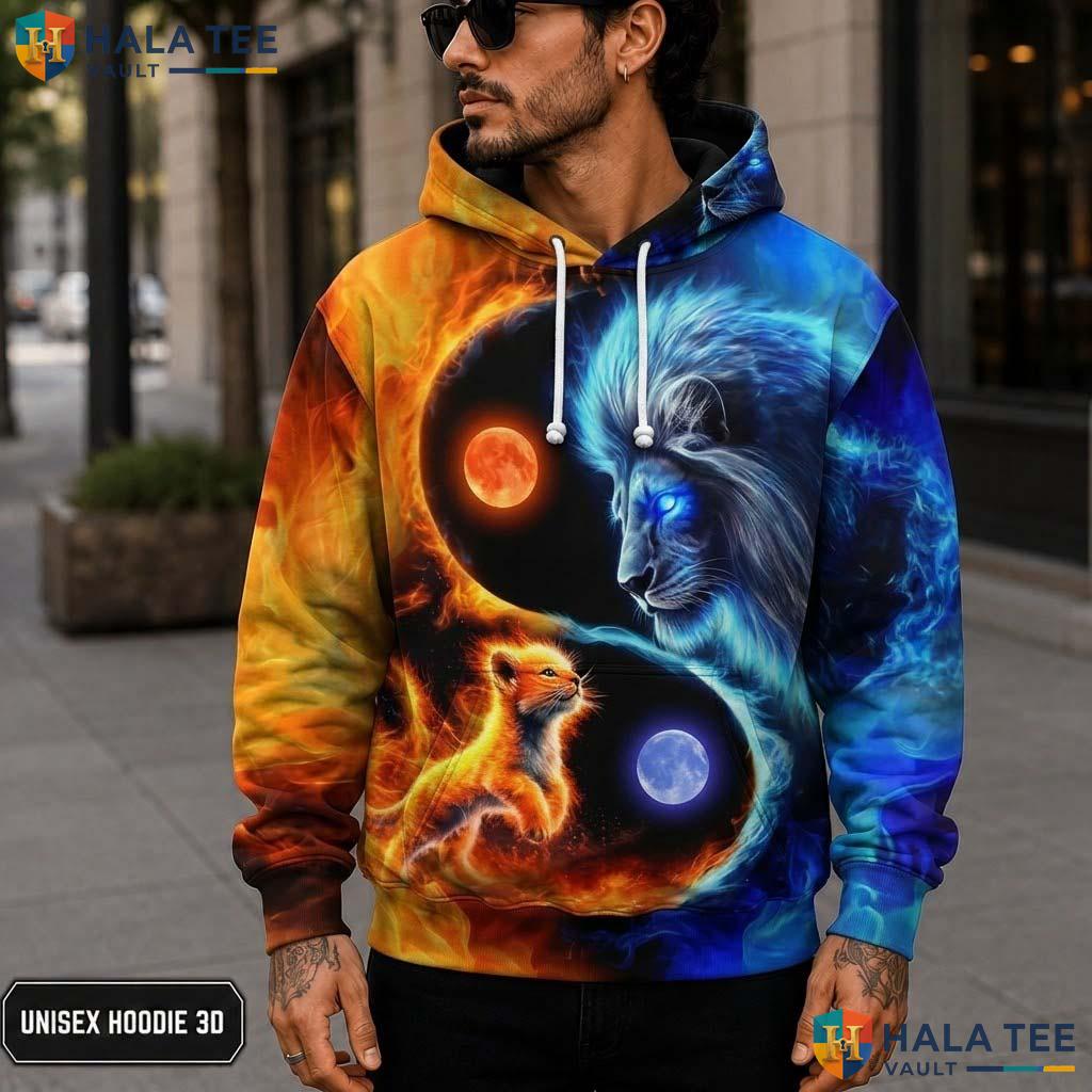 Ying Yang Flame Lion Hoodie Men Women 3D Graphic Skull Novelty Pullover 3D Printed Hoodie