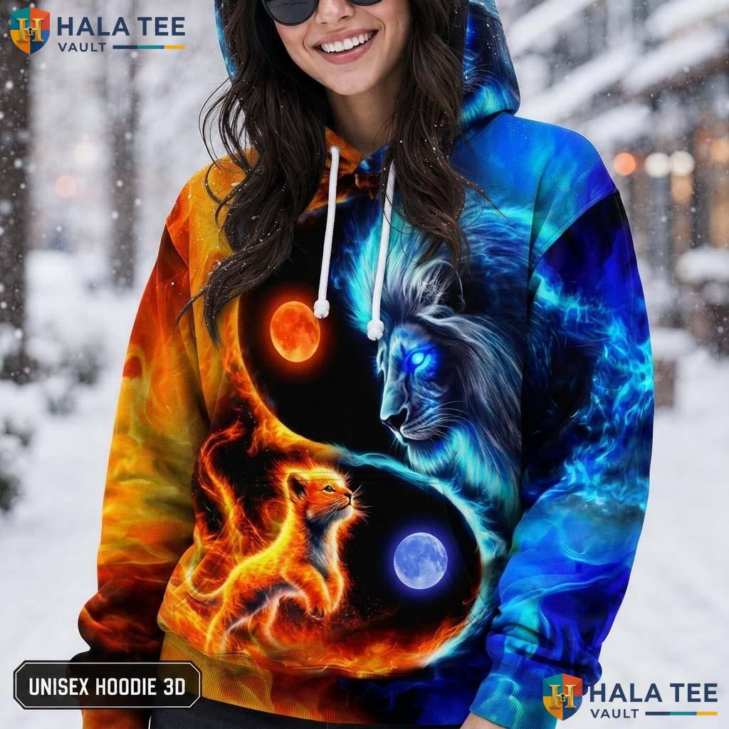 Ying Yang Flame Lion Hoodie Men Women 3D Graphic Skull Novelty Pullover AOP Hoodie