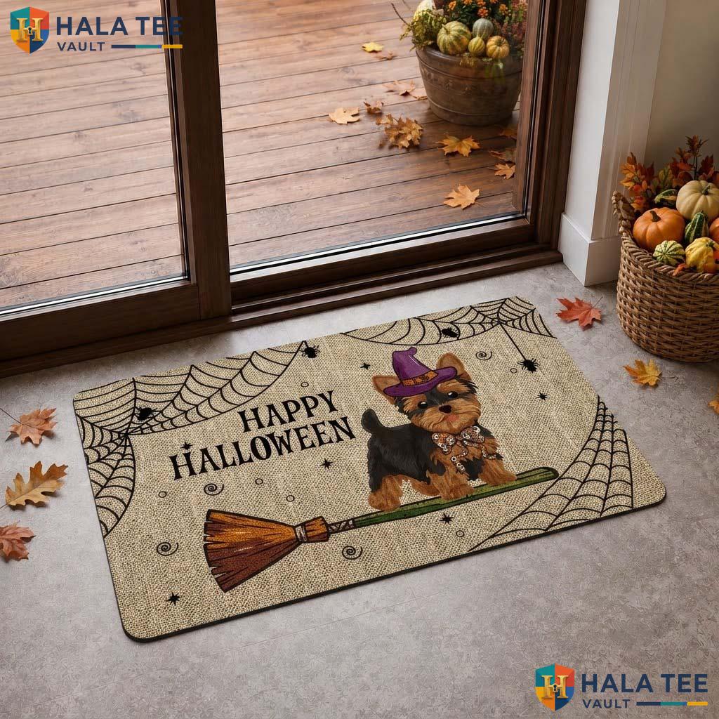 Yorkie Witch Halloween Doormat Spooky Spiderweb Welcome Entrance Rug