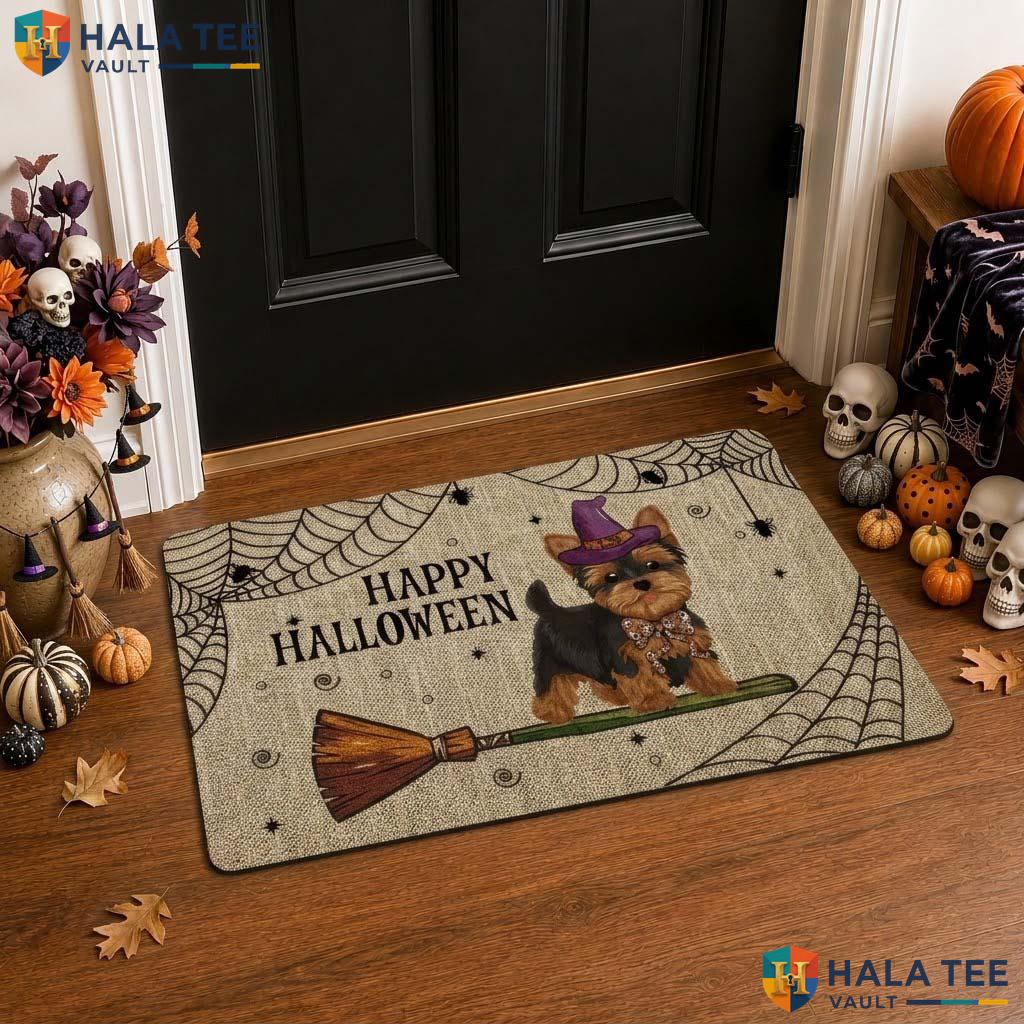 Yorkie Witch Halloween Front door mat Spooky Spiderweb Welcome Entrance Rug