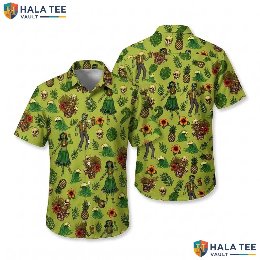 Zombie Hula Girl Halloween Hawaiian Shirt Spooky Tiki Party Aloha