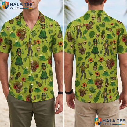 Zombie Hula Girl Halloween Hawaiian Shirt Spooky Tiki Party Aloha Adult