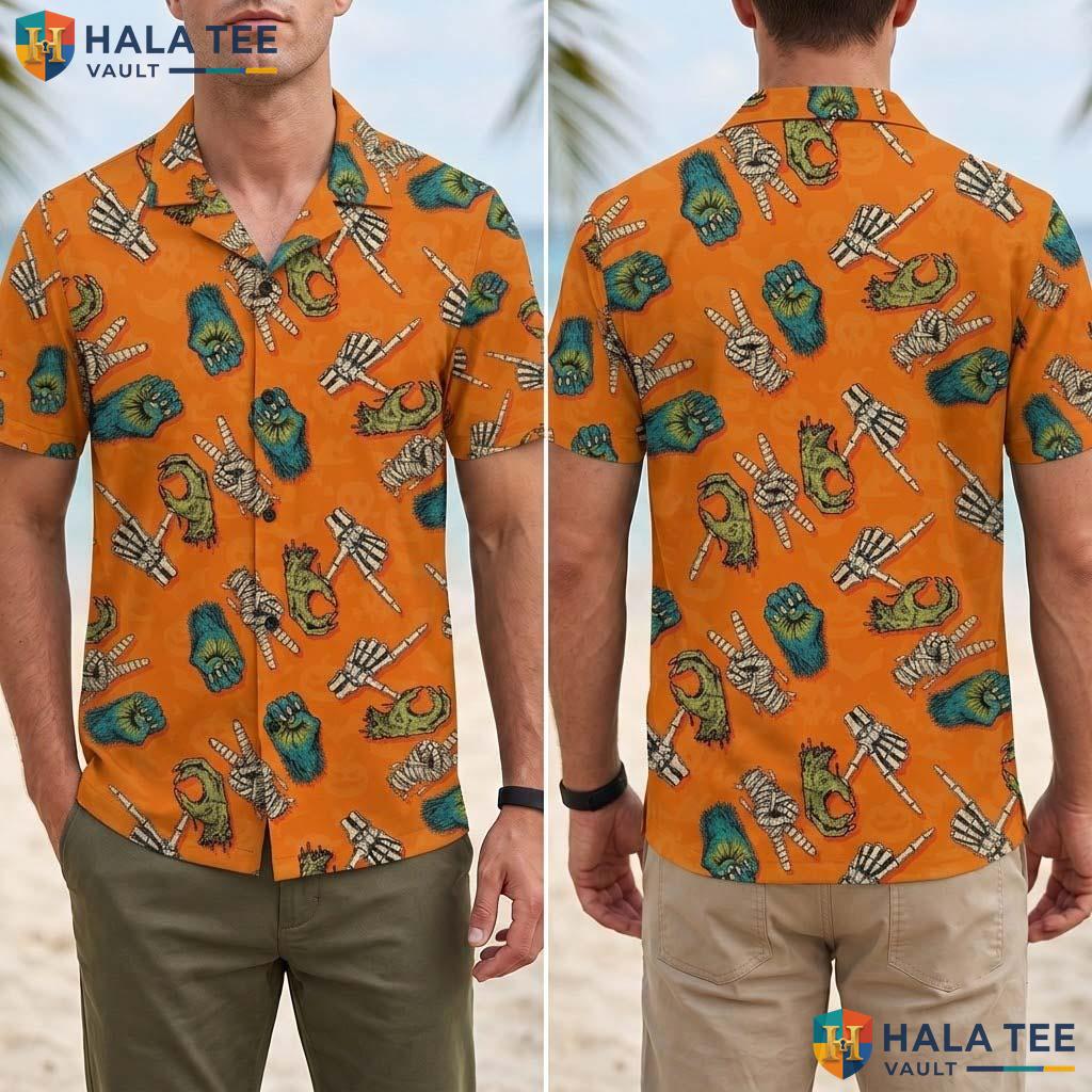 Zombie Mummy Halloween Hawaiian Shirt Spooky Skeleton Hands Aloha Adult