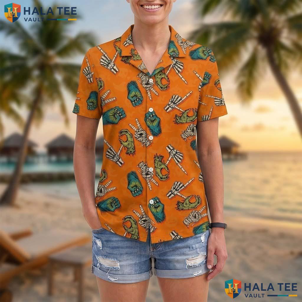Zombie Mummy Halloween Hawaiian Shirt Spooky Skeleton Hands Aloha Adult