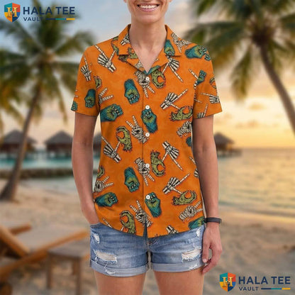 Zombie Mummy Halloween Hawaiian Shirt Spooky Skeleton Hands Aloha Adult