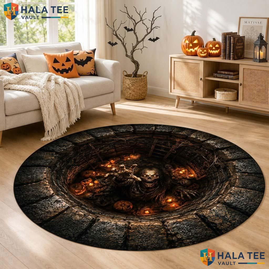 Zombie Pit Halloween Round Area Rug 3D Creepy Skeleton Illusion Mat
