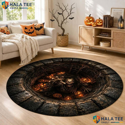Zombie Pit Halloween Round Area Rug 3D Creepy Skeleton Illusion Mat