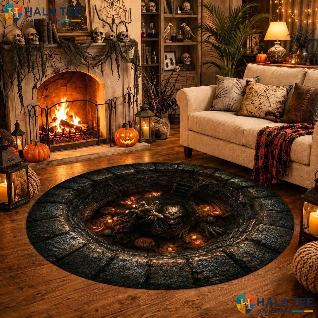 Zombie Pit Halloween Round Area Rug 3D Creepy Skeleton Illusion Mat Adult